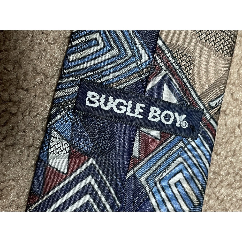 Vintage Bugle Boy Necktie Tie Blue Burgundy Silver Geometric Design USA